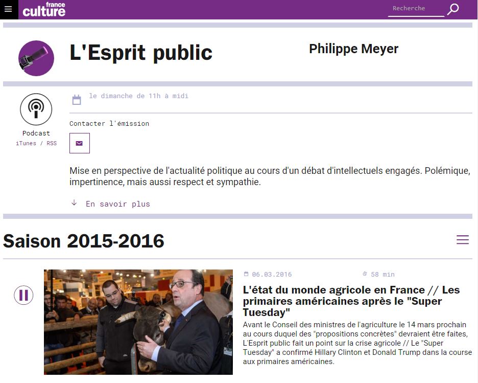 France-Culture - L'esprit public - La crise agricole - 6 mars 2016 - Vignette