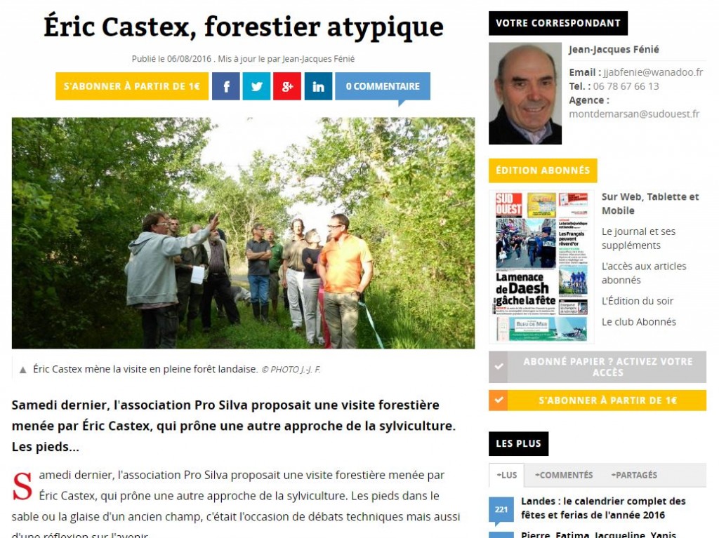 Éric CASTEX, forestier atypique - Sud-Ouest 20160806 - Vignette